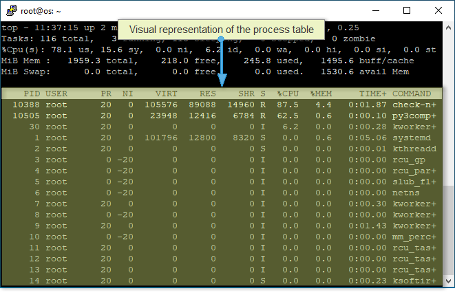 Representation of the field table of processes