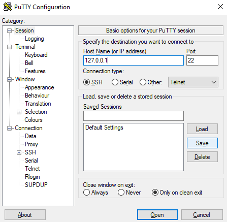 Connection via PuTTY