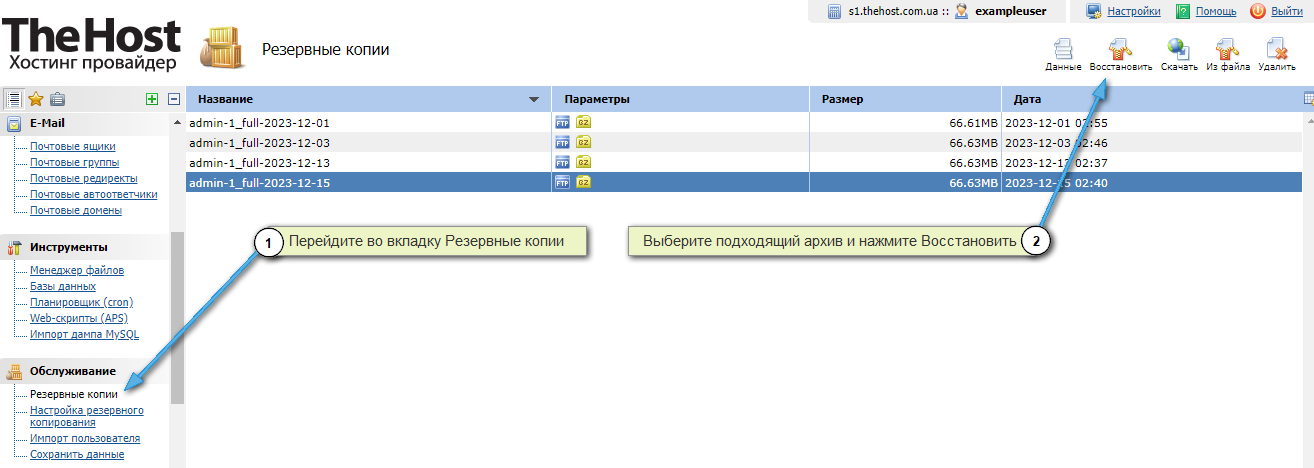 Восстановление из резервной копии, хостинг, ISP