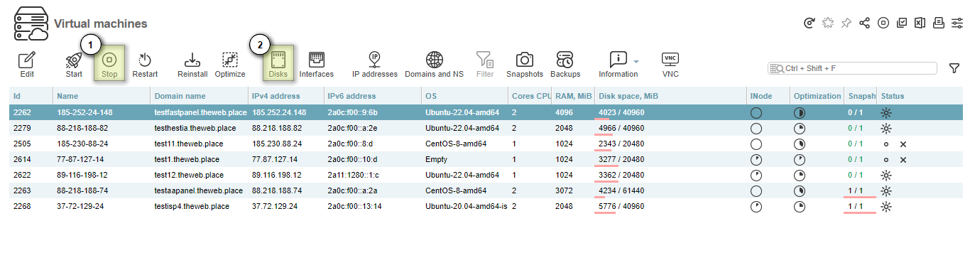 Virtual machines, Stop, Disks