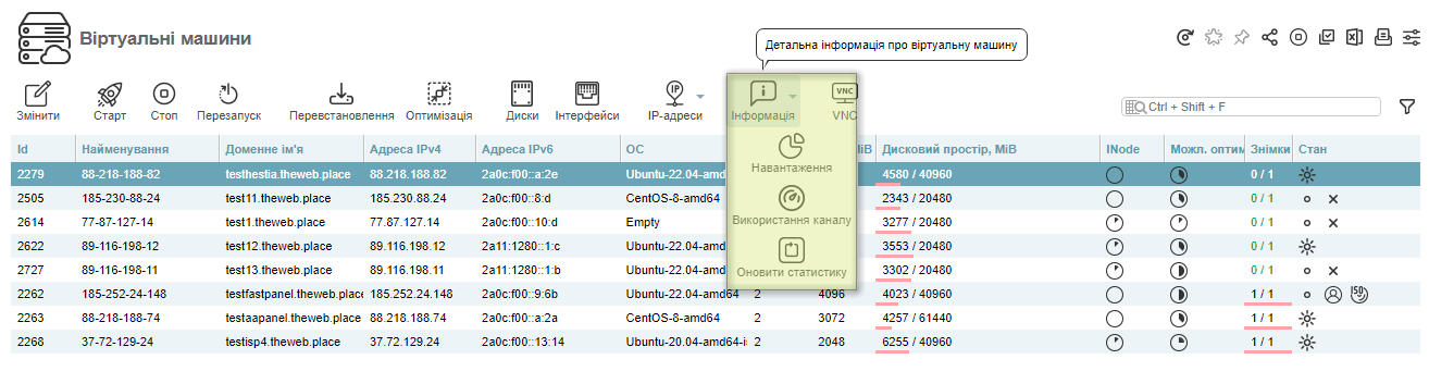 Віртуальні машини, підменю Інформація