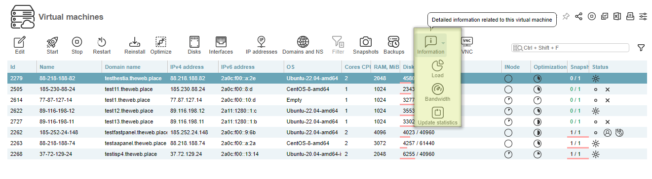 Virtual Machines, Information submenu