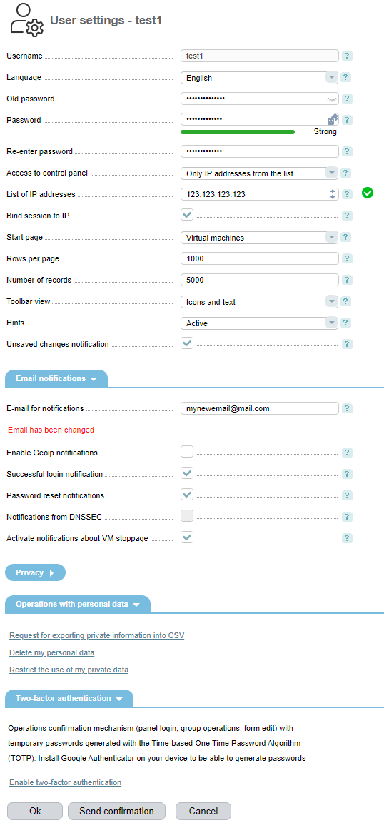 VM-Cloud, user settings