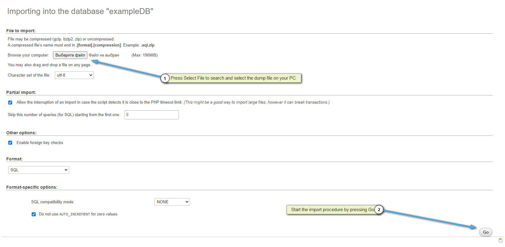 Import MySQL dump into phpMyAdmin