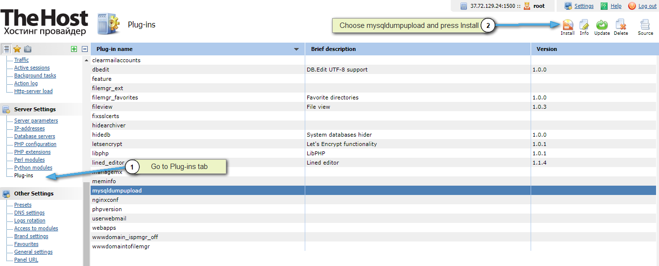 How to install a plugin in the ISP panel for a server