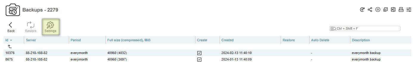 VM-Cloud backup settings