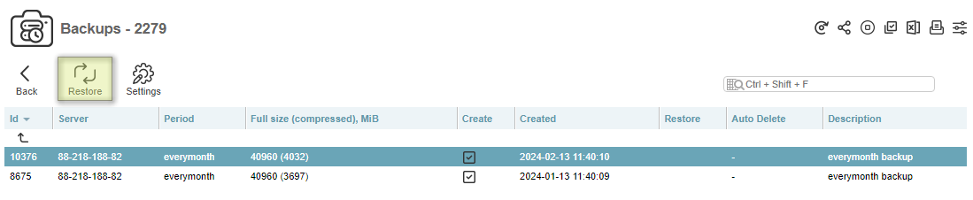 VM-Cloud backups submenu