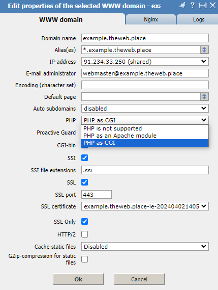 Change PHP mode, domain properties