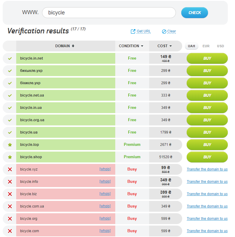 Checking domain availability on TheHost website, result