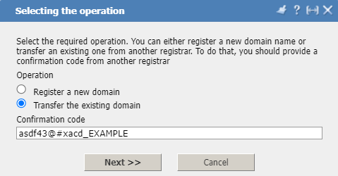 Personal account, domain registration, transfer code