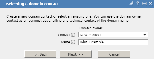 Personal account, domain registration, contact selection