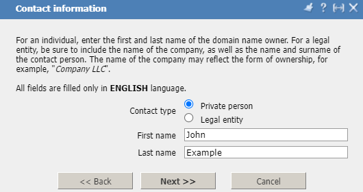 Personal account, domain registration, domain contact 1