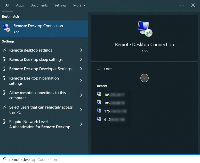 RDP, search in Start