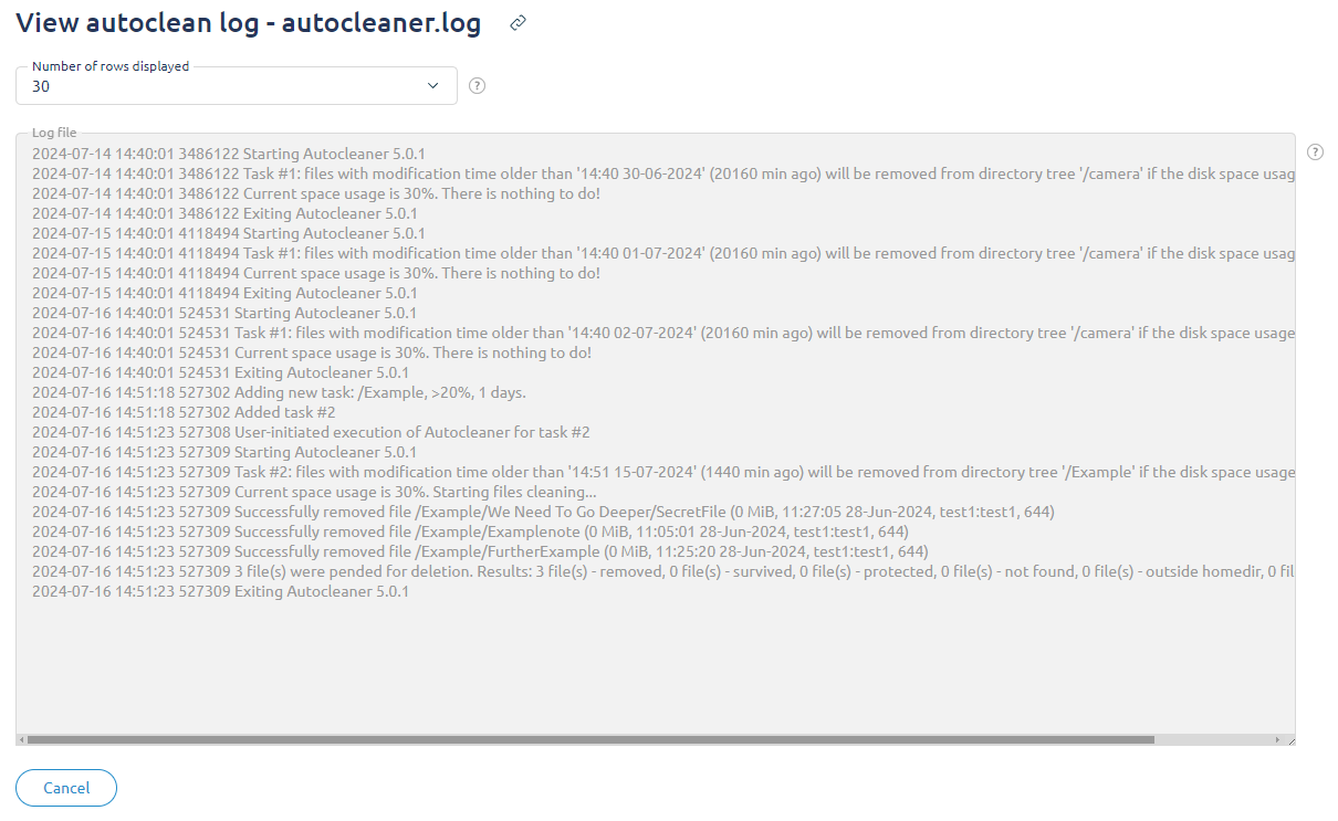 Auto-delete, view log