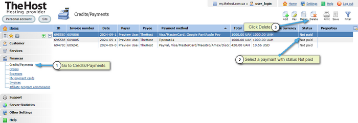 Screenshot of payment deletion