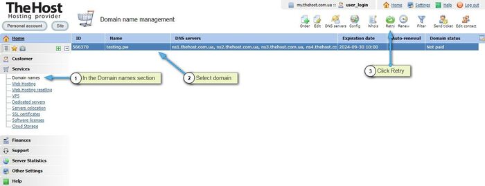 The "Repeat" button for domain re-registration