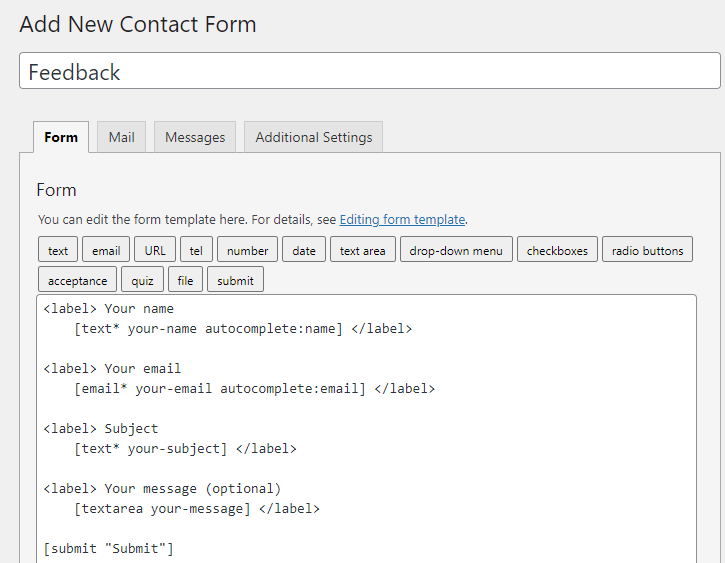 Built-in Contact Form 7 form editor