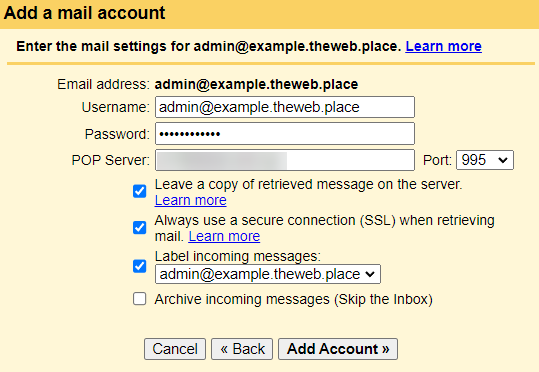 Gmail, mail binding, entering POP3 parameters