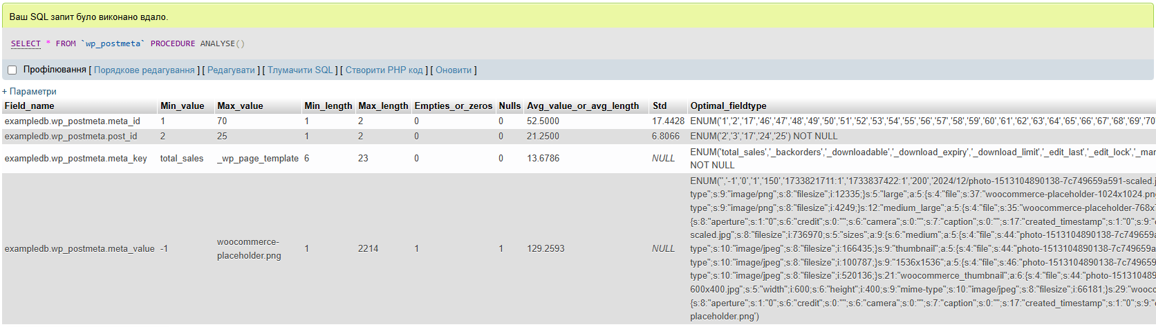 phpMyAdmin, ANALYZE