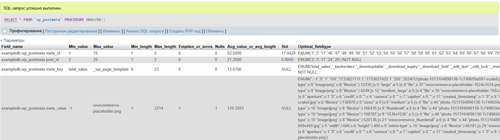 phpMyAdmin, ANALYZE