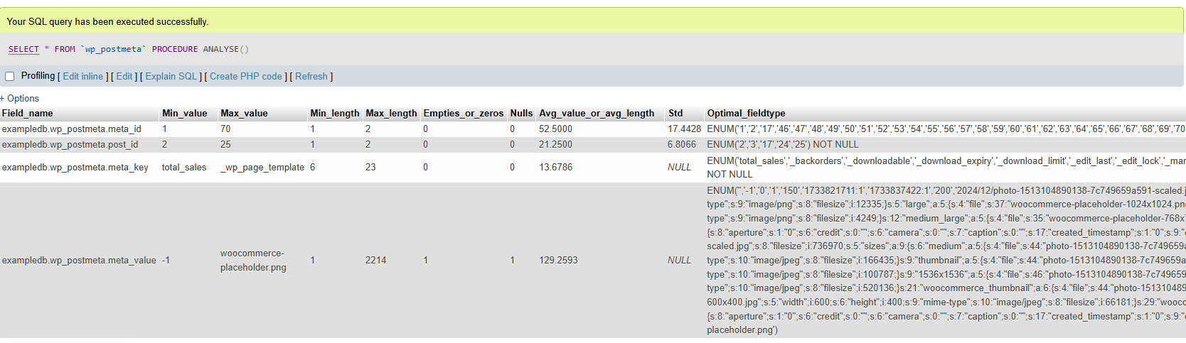 phpMyAdmin, ANALYZE
