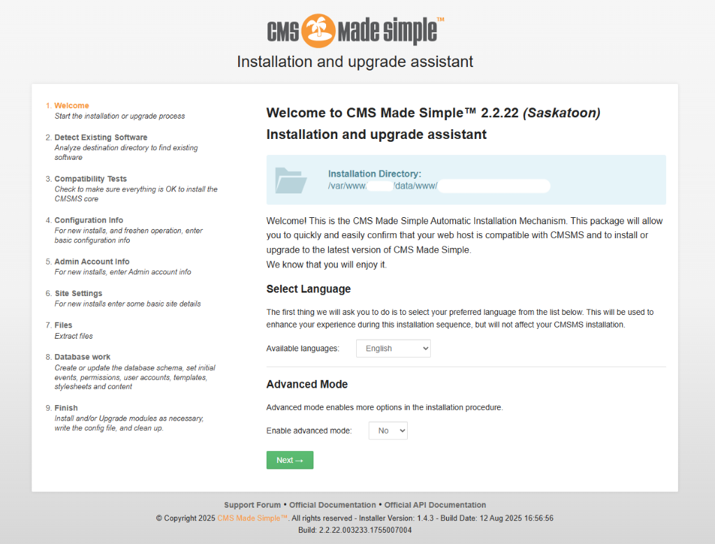 web installation sms cms step1