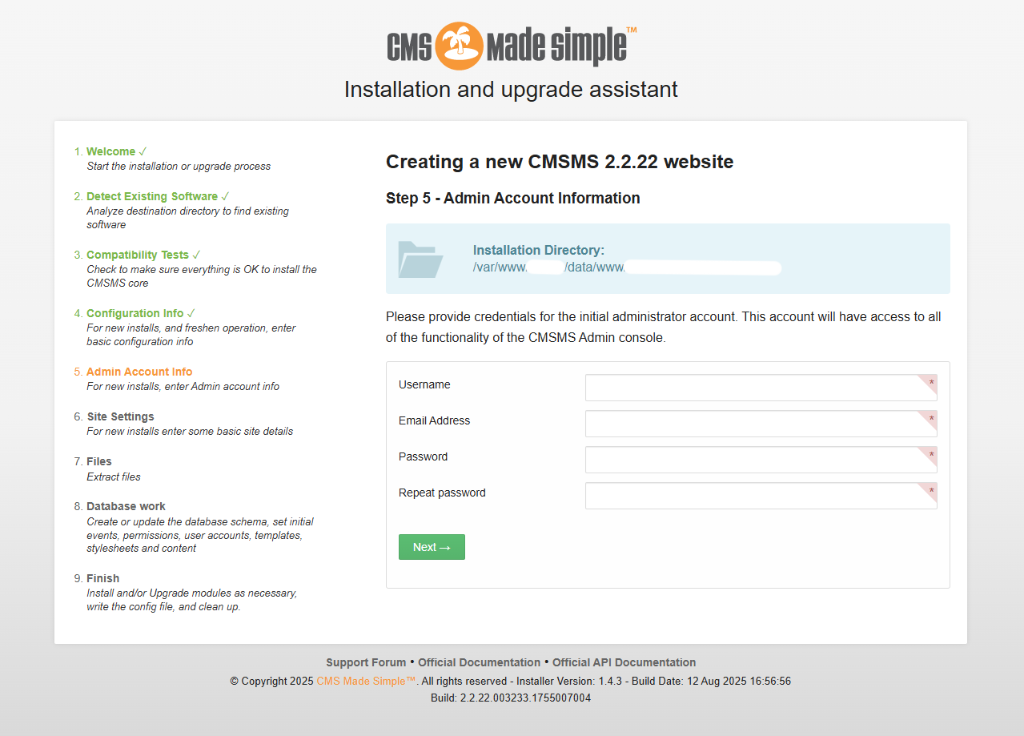 web installation sms cms step5