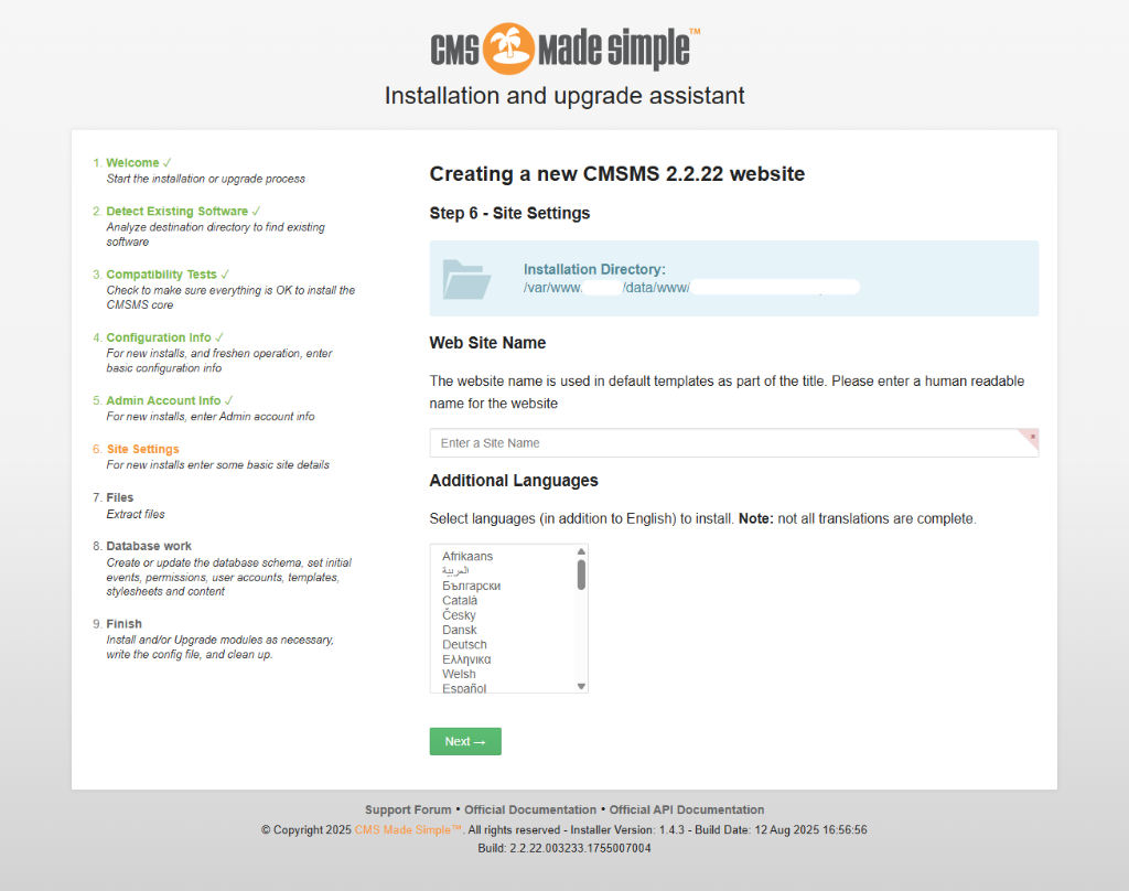 web installation sms cms step6