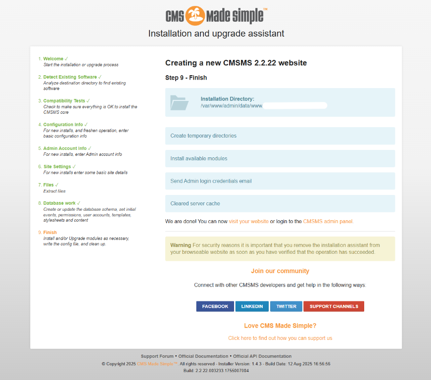 web installation sms cms step9
